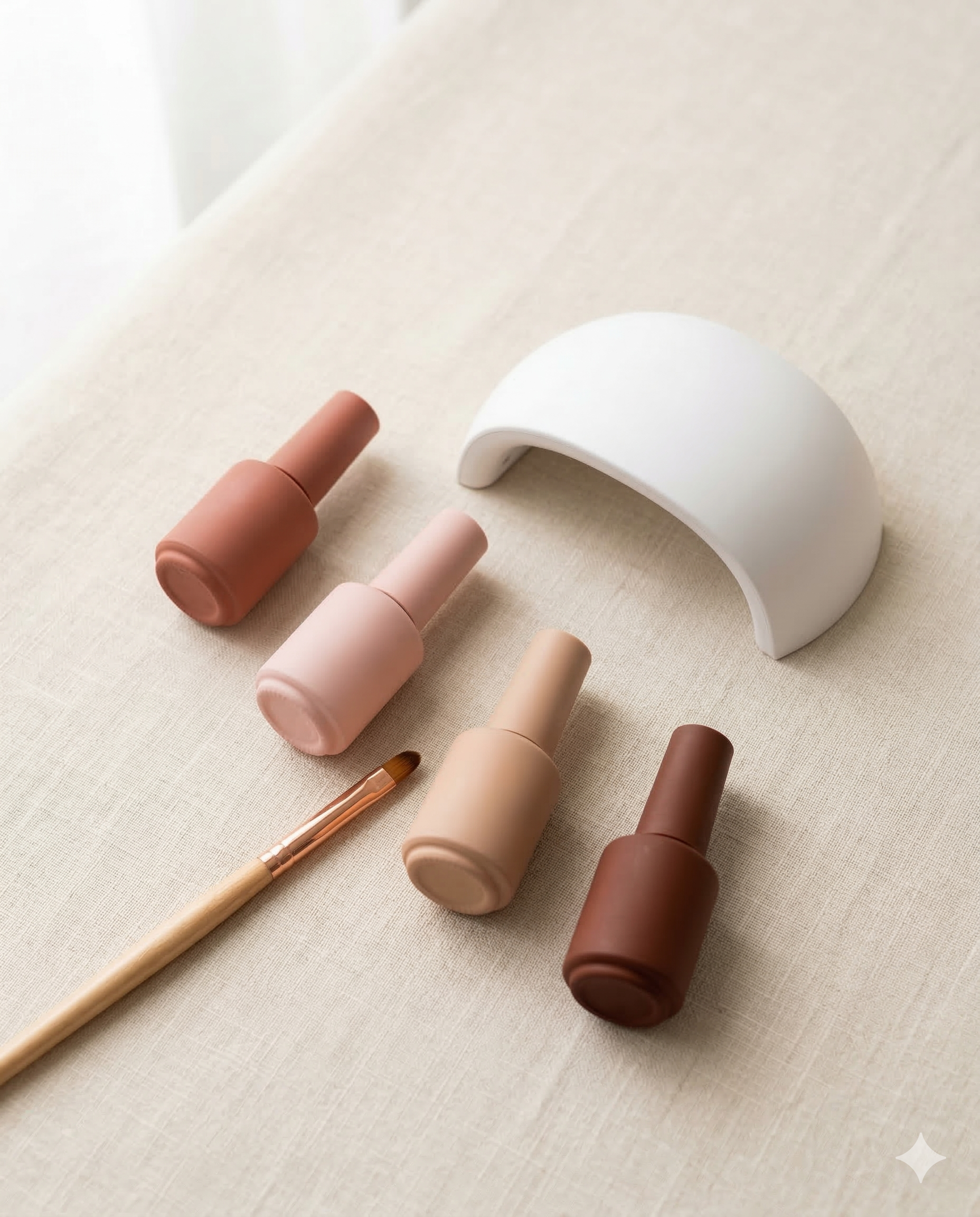 Builder gel nail products flat-lay — bottles, UV lamp, and nail brush on a warm cream surface